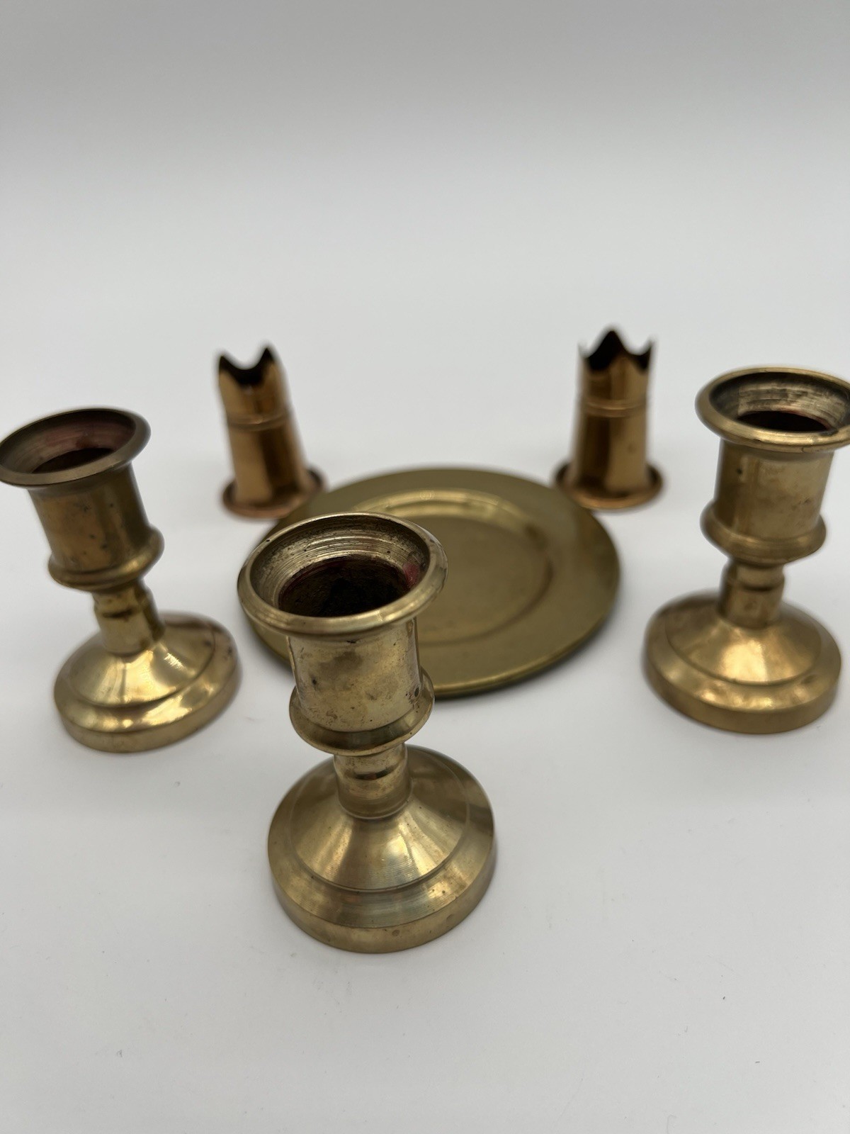 6 Pc Mixed-Media Vinatge Small Brass Candlesticks, Tray & Garden Club Pcs 