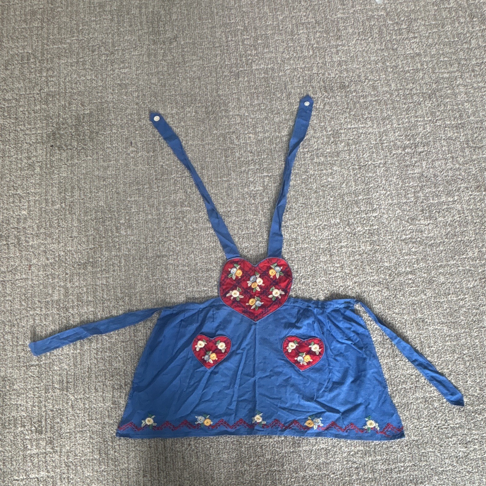 Vintage Blue Embroidered Apron Pinafore Red Floral Heart Applique Folk Cottage