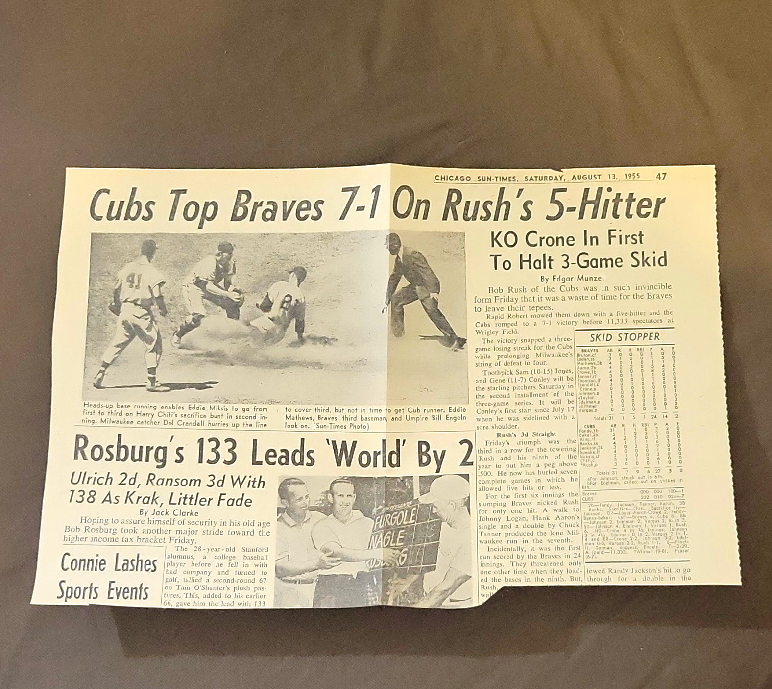 Chicago Sun-Times Aug 13 1955 Sports Page/Clipping Cubs Top Braves 7-1