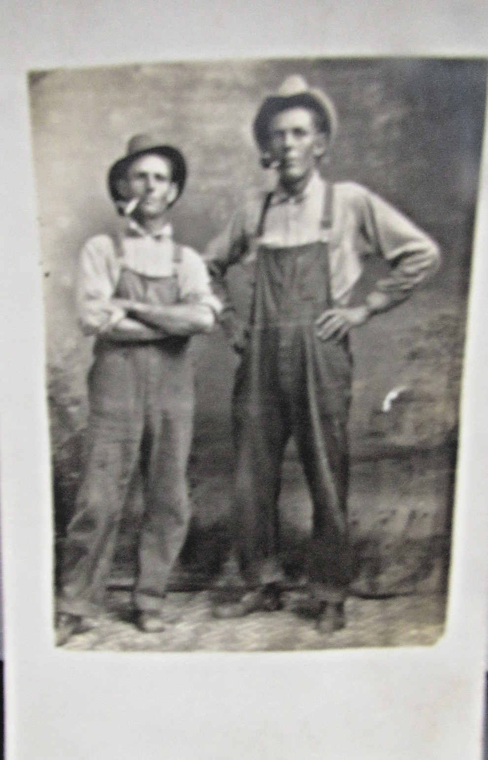 c1910 RPPC Real Photo Postcard 2 Men Farmers in Overalls and Hats Smoking Pipes