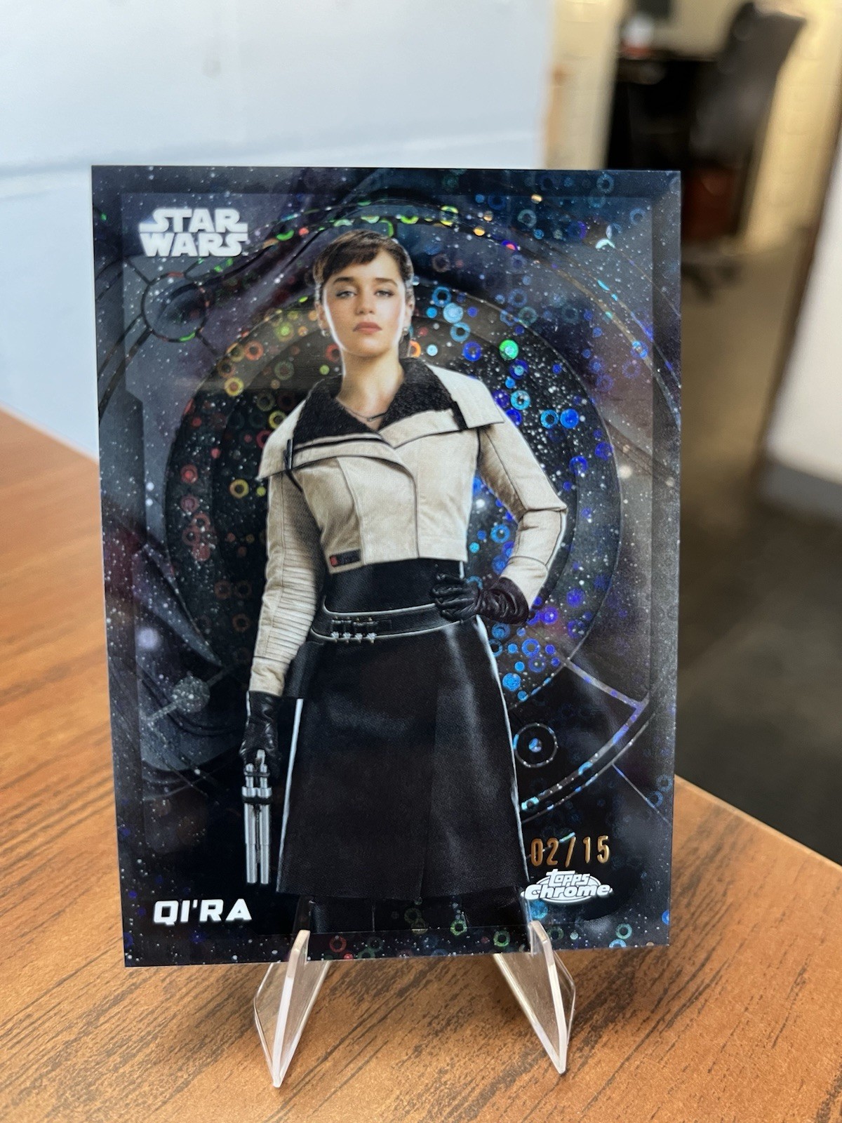 2026 Topps Chrome Star Wars Emila Clarke QI’RA Galaxy Refractor 2/15