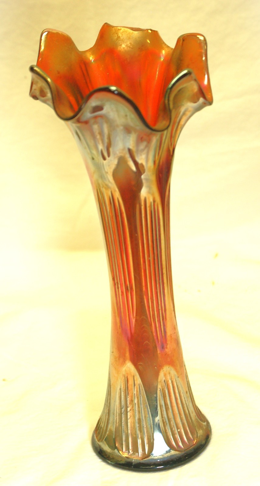 Fenton Fine Rib Vase Marigold Iridescent Carnival Glass Swung Fluted