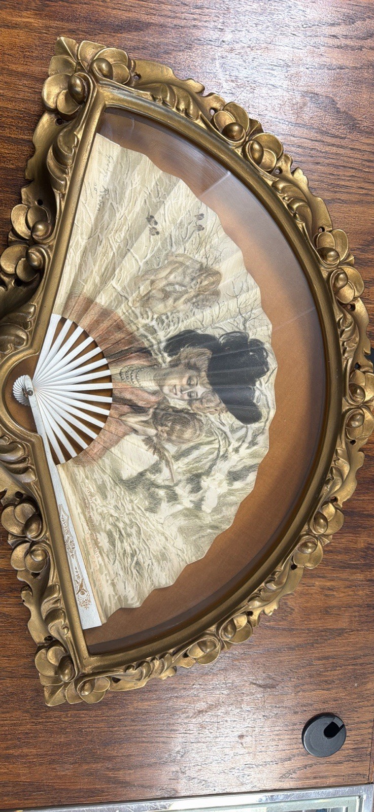 Antique George’s Redon Hand Fan Ornate Gold Gilt Shadow Box Frame 