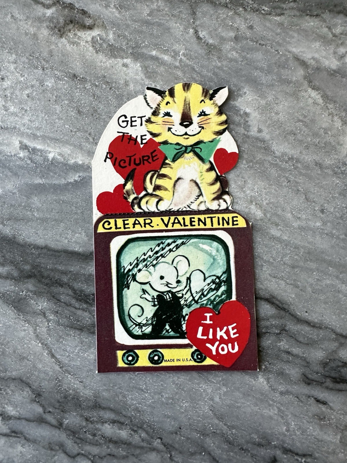 Unused Vintage Valentine Kitty Cat Stripe Antique Television Tv T.V. Mouse Rare