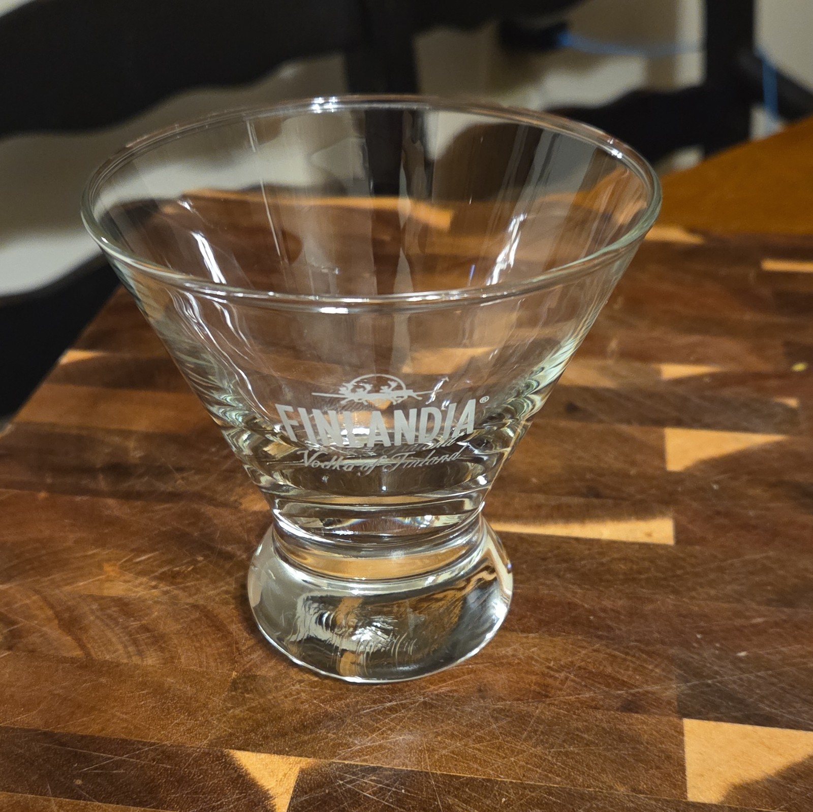 Vintage Finlandia Vodka Stemless Martini Glass Flared Heavy Base Etched Reindeer