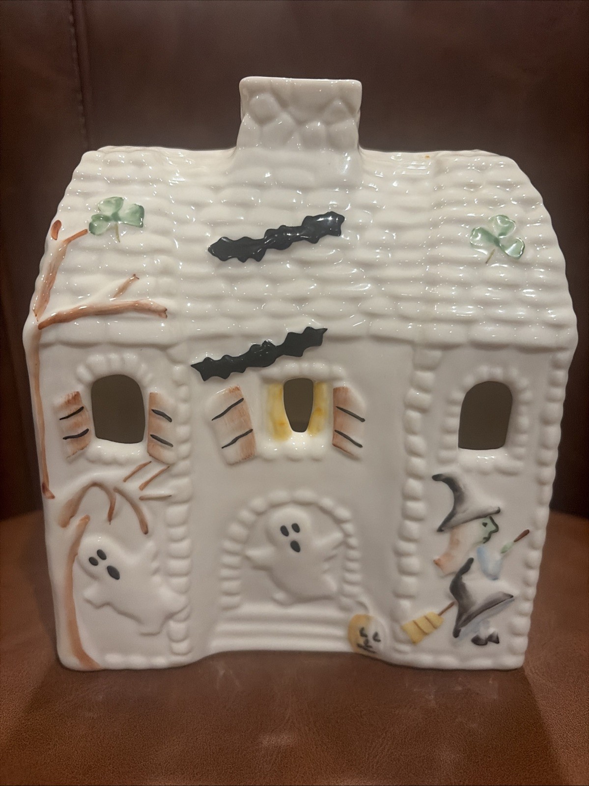 Vintage Halloween Belleek Ireland Porcelain Haunted House Tea Light Witch Ghost