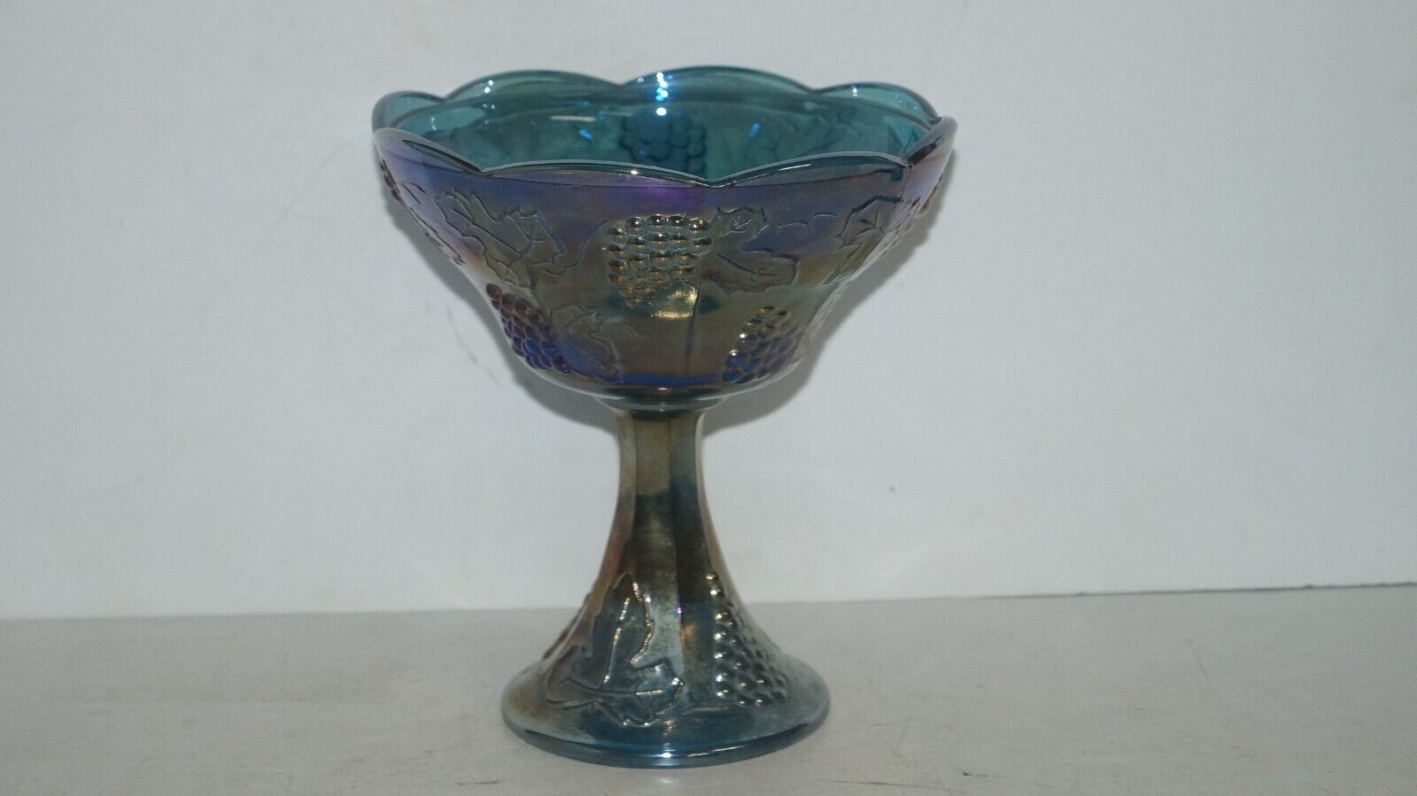 Indiana Glass Blue Carnival Harvest Grape Pedestal Candy Compote Dish Bowl