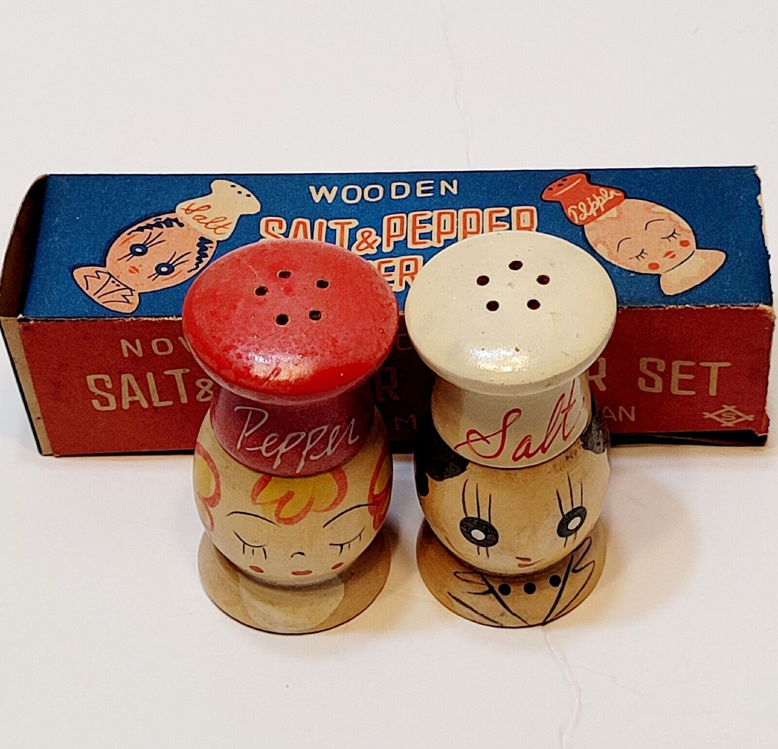 Novelty Wooden Chef Salt Pepper Shakers Japan Original Box 2.25\