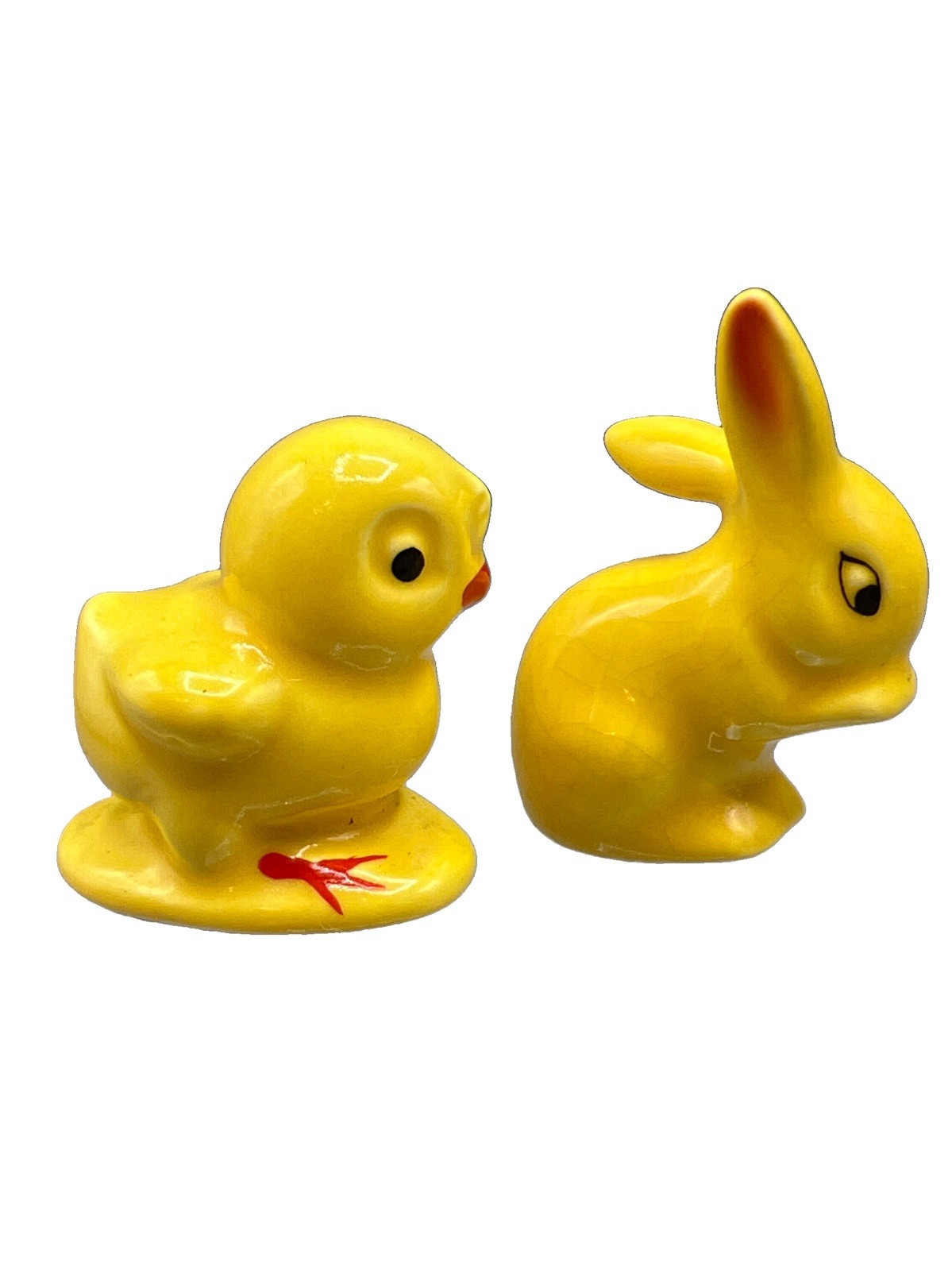 Hand-Painted Pottery Easter Baby Chick & Bunny Vtg Figurine Yellow Sunny Spring