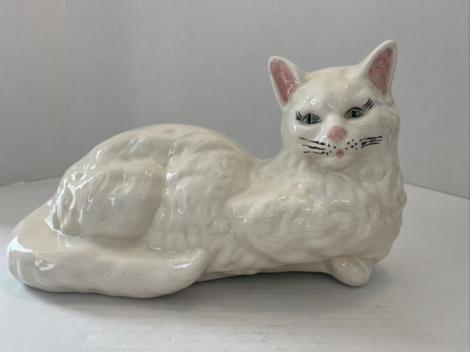 Vintage Large Ceramic Cat  Statue Figurine White Persian Cat Green Eyes MCM