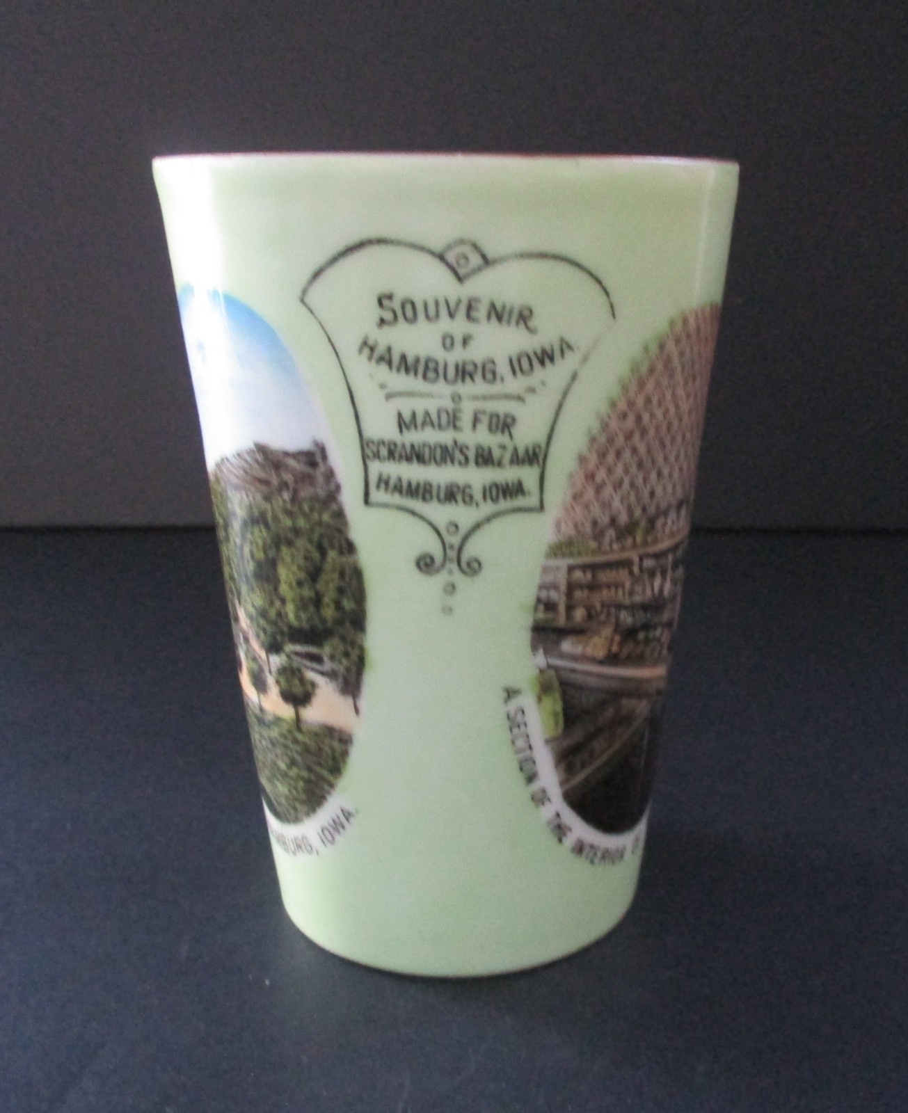 Late 19th Early 20th Century Souvenir Tumbler Main St. The Bluff Hamburg Iowa