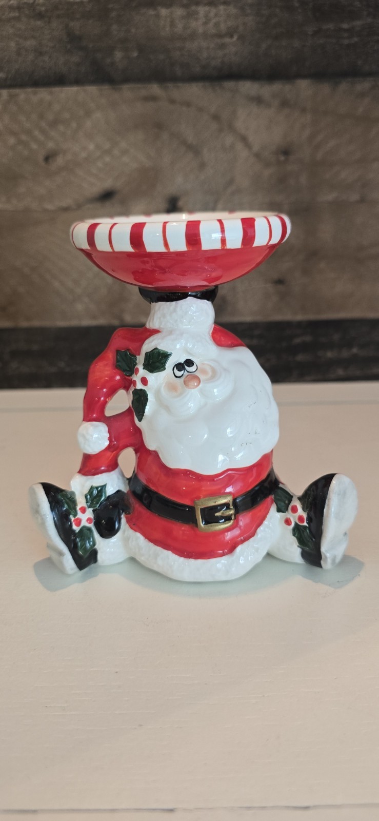 Vintage Omnibus Fitz and Floyd 1987 Striped Santa Candy Dish Candle Holder