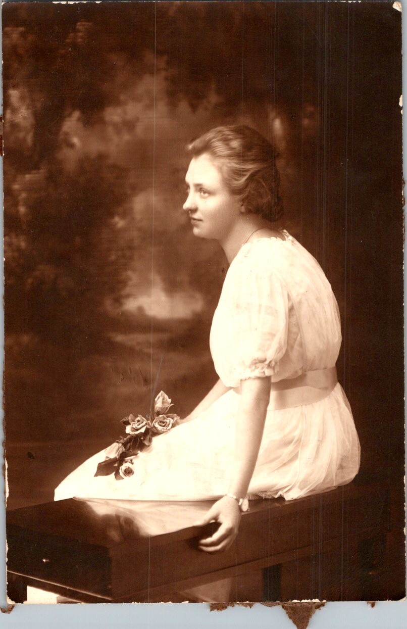 c1910s Sepia Studio Portrait - Edwardian Woman, Roses, Silver Gelatin Print c1910s Sepia Studio Portrait - Edwardian Woman, Roses, Silver Gelatin Print