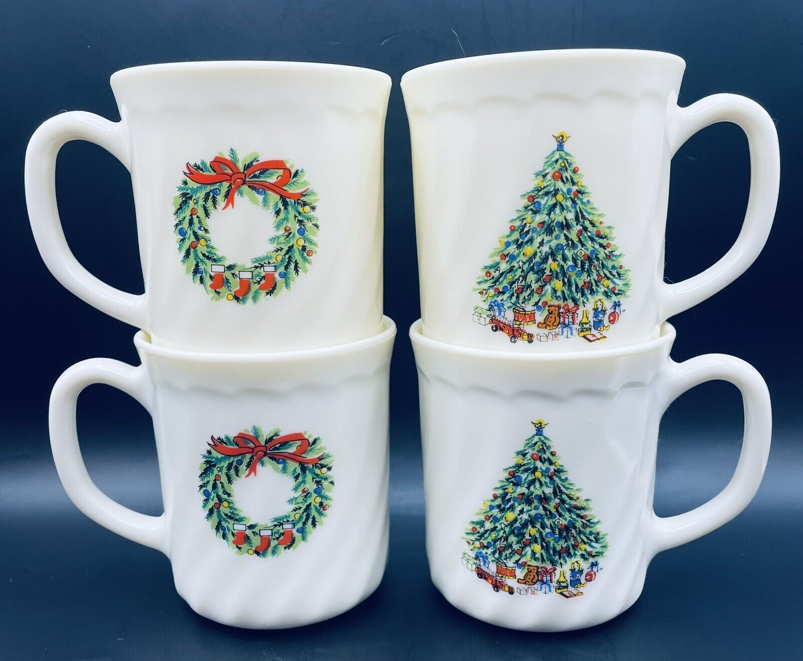 Set of 4 Salem Porcelain Christmas Mugs Wreath Tree