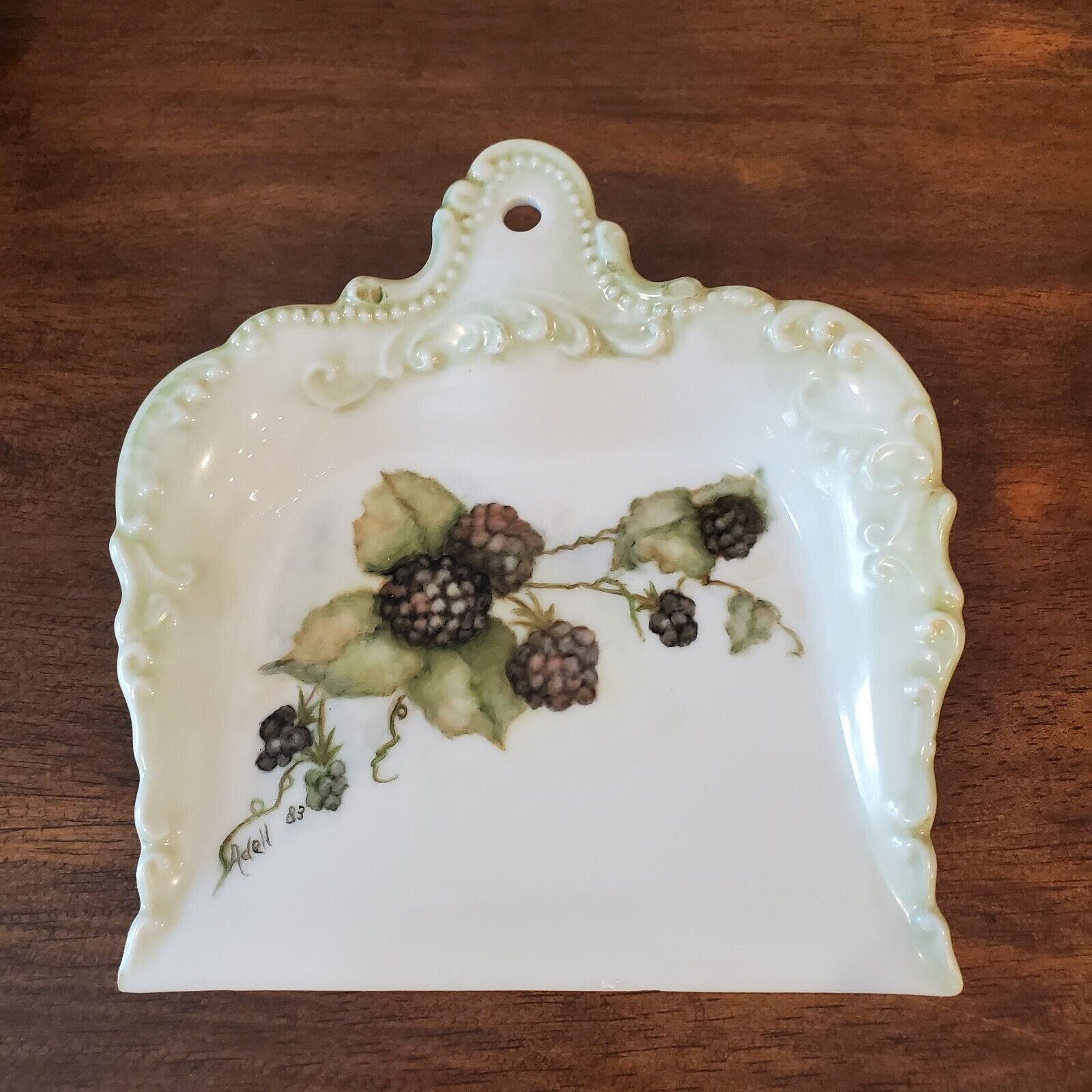 VTG Porcelain 6x6 Crumb Tray Dustpan Wall Hanging Handpainted Floral Adell 83 