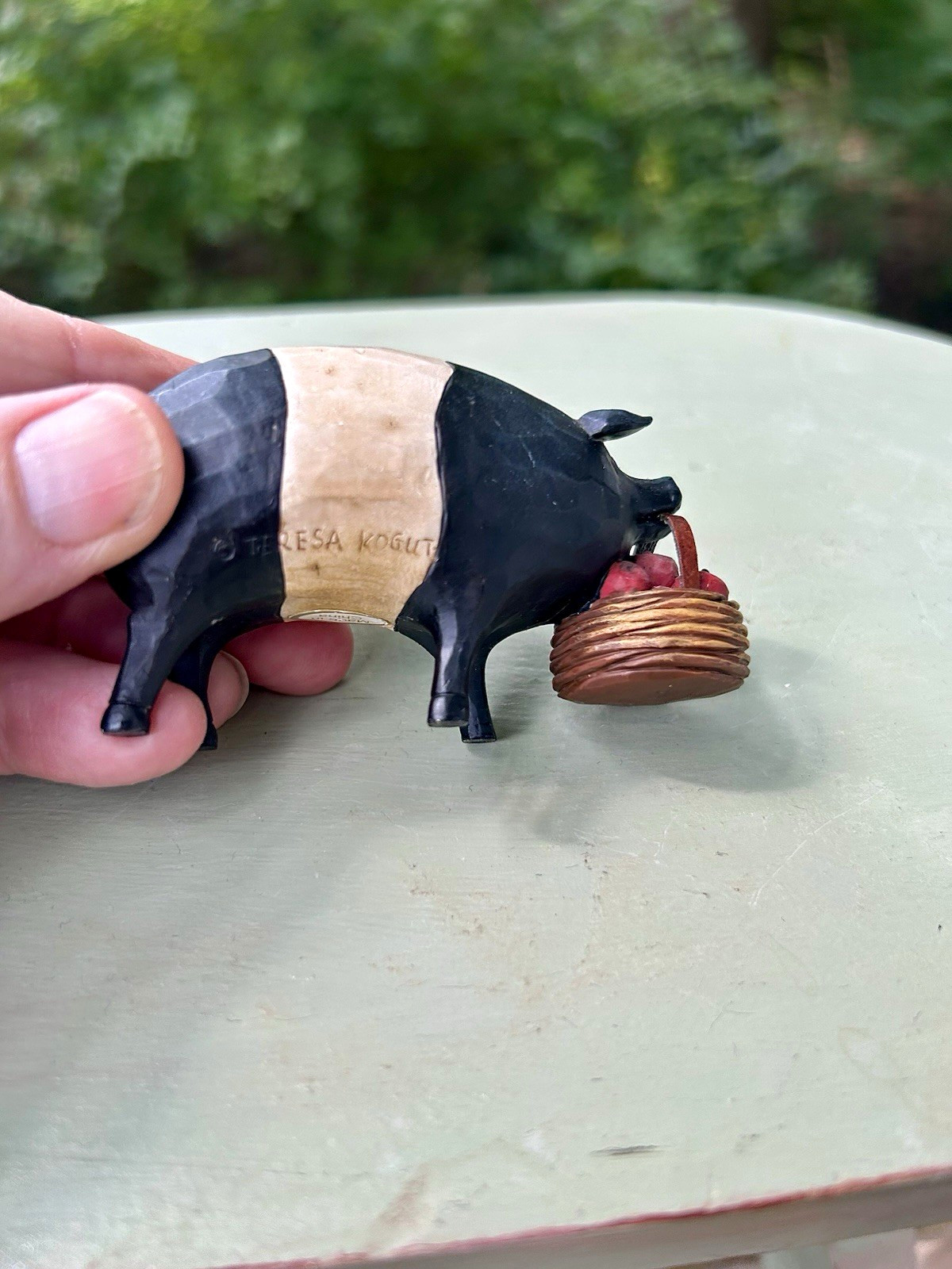 Hand Carved Wood Pig Figurine W Basket, Black & Cream Collectible-Teresa Kogut 