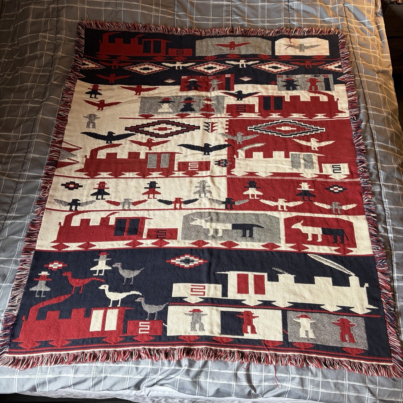 VINTAGE NAVAJO INSPIRED THUNDERBIRD & TRAIN TAPESTRY FRINGE THROW BLANKET 41x41”