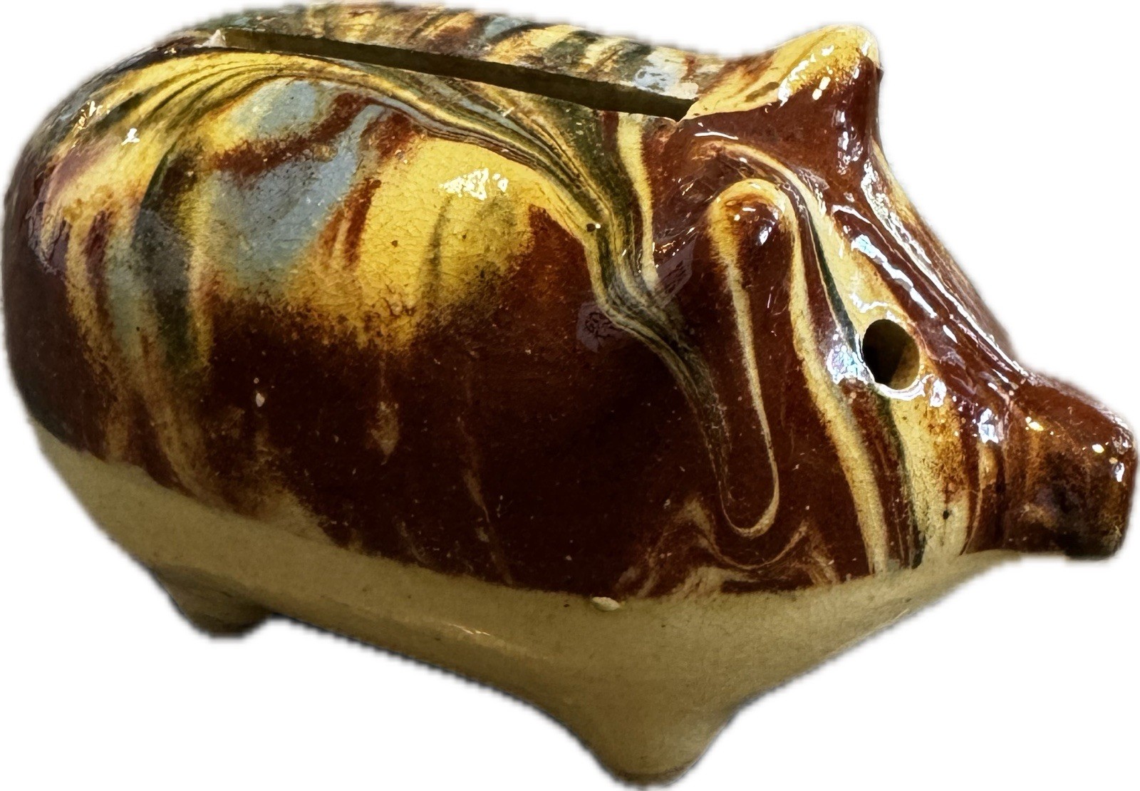 Antique Glazed Pottery Stoneware Pig Piggy Bank Hole Eyes Drip Glaze Yellow Ware Antique Glazed Pottery Stoneware Pig Piggy Bank Hole Eyes Drip Glaze Yellow Ware