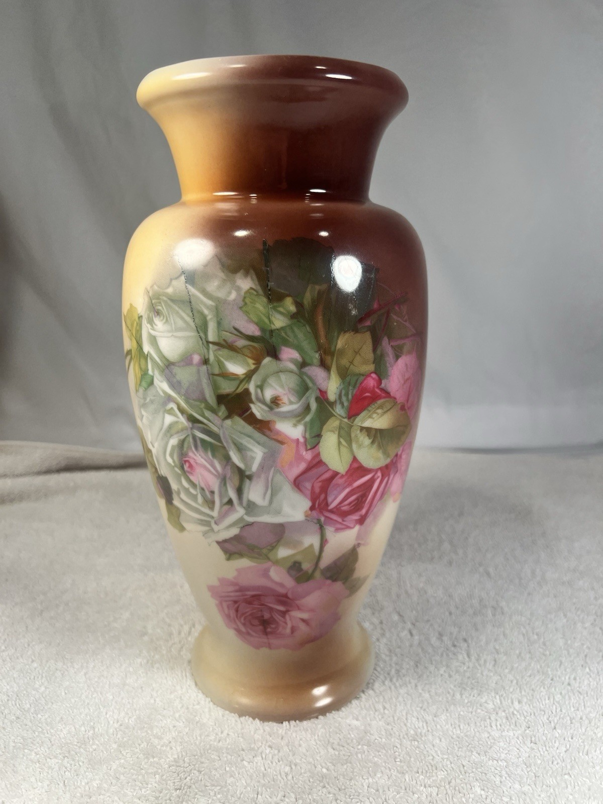Antique C.T. Altwasser Germany Porcelain Vase 10” Pink & White Roses Floral