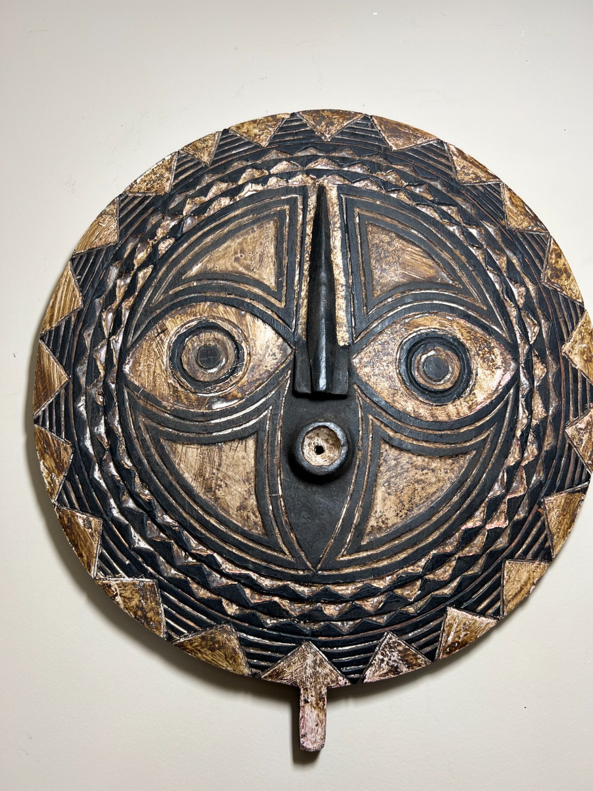 African Bobo Sun Mask Rustic 18” Wall Art Hand Carved Wood Burkina Faso Tribal