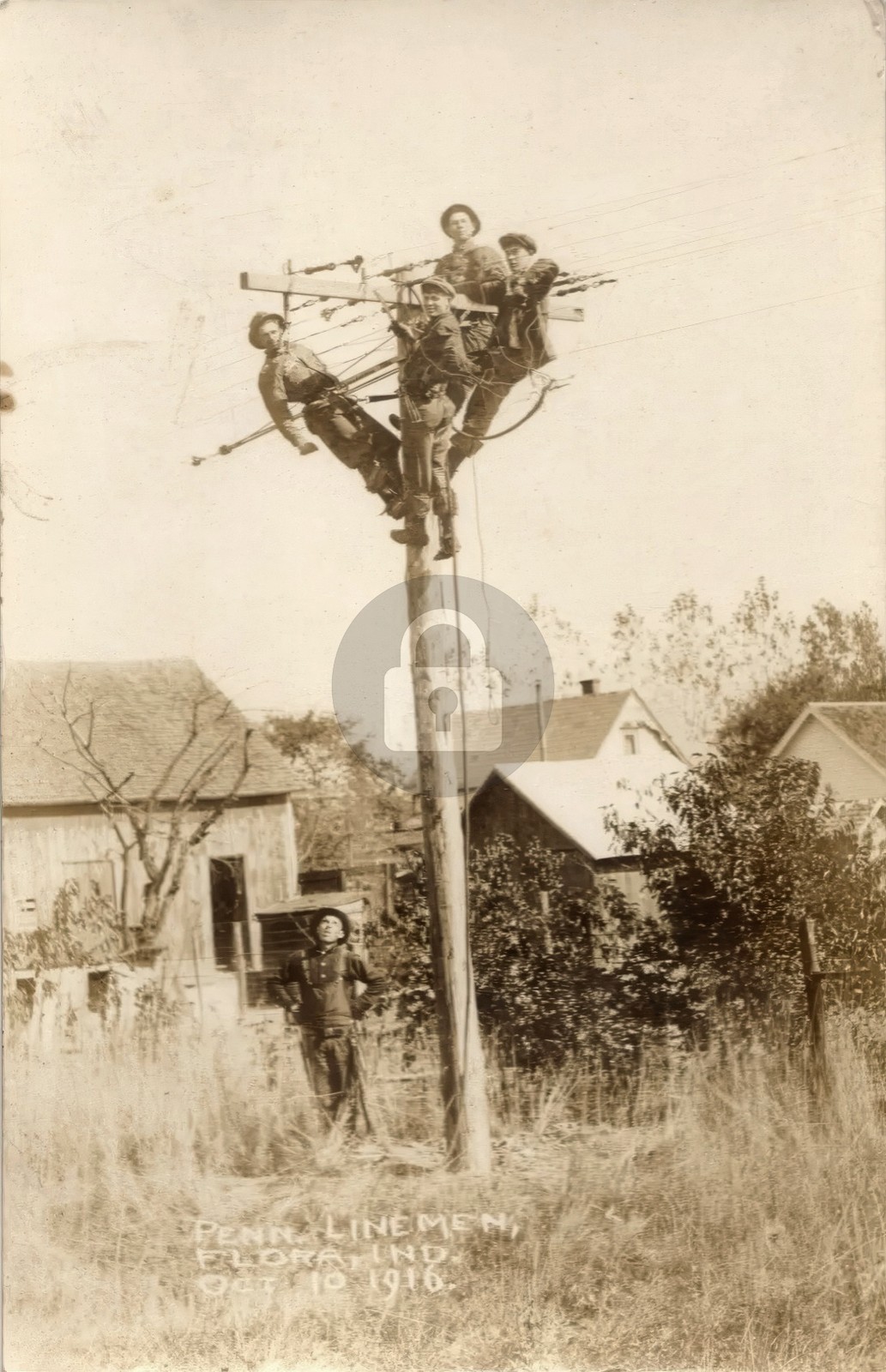 FLORA IN Linemen on Telegraph (?) Pole Workers Indiana RPPC Photo Postcard COPY