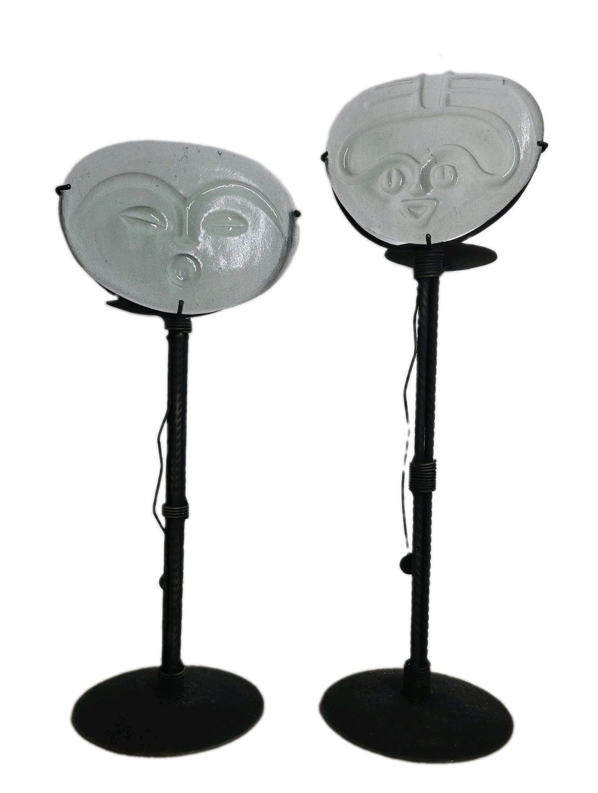 Vintage Pair Brutalist Glass Face Candle Holders - 90s Mexican Folk Art 