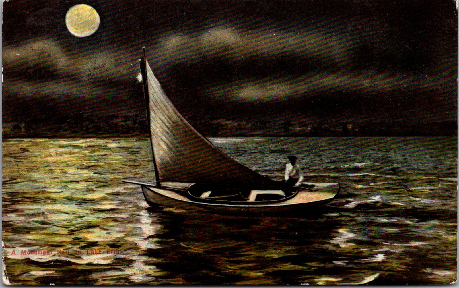 A Moonlight Sail on Lake Erie 1910 Vintage Postcard TP14-30