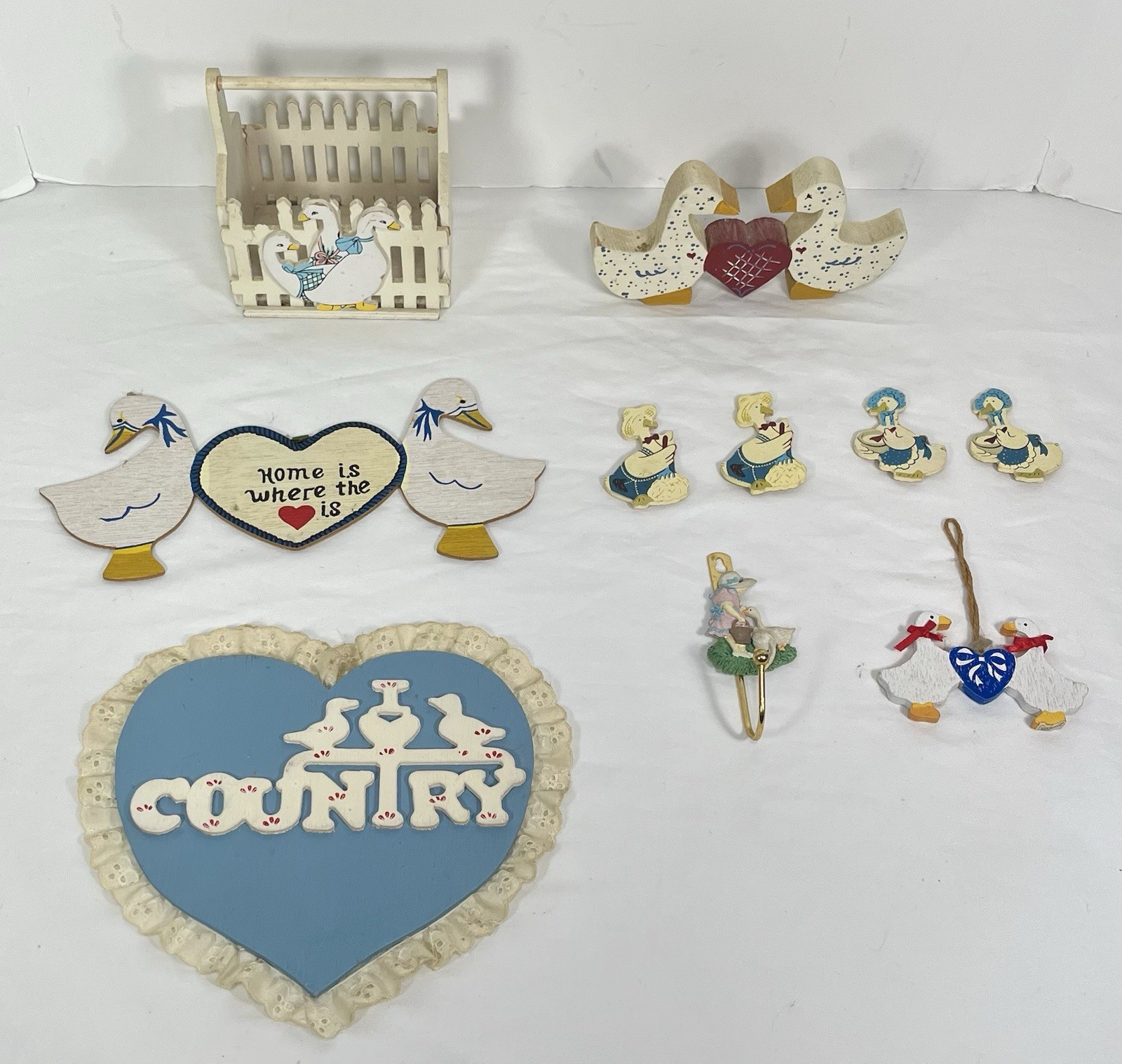 Vintage Country Geese Wooden Decor Mixed Lot - Magnets, Wall Hangers, Basket