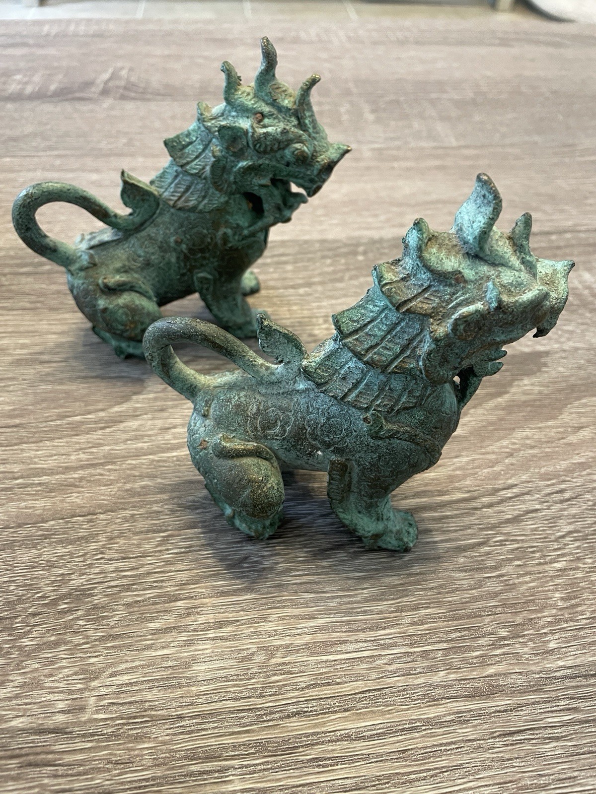 Pair Vintage Bronze Foo Dogs Chinese Guardian Lions Verdigris Patina Asian Decor