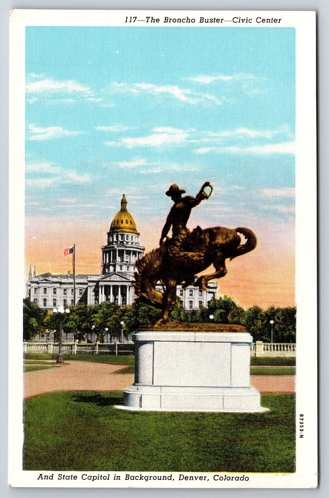 A156 Vintage Postcard Denver Colorado Civic Center Bronco Buster White Border?