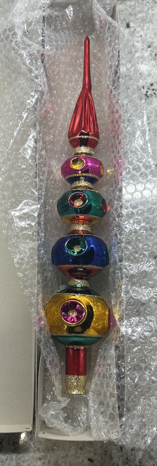 VTG 18”Czech Republic Blown Glass Christmas Tree Topper Finial Reflector Indent