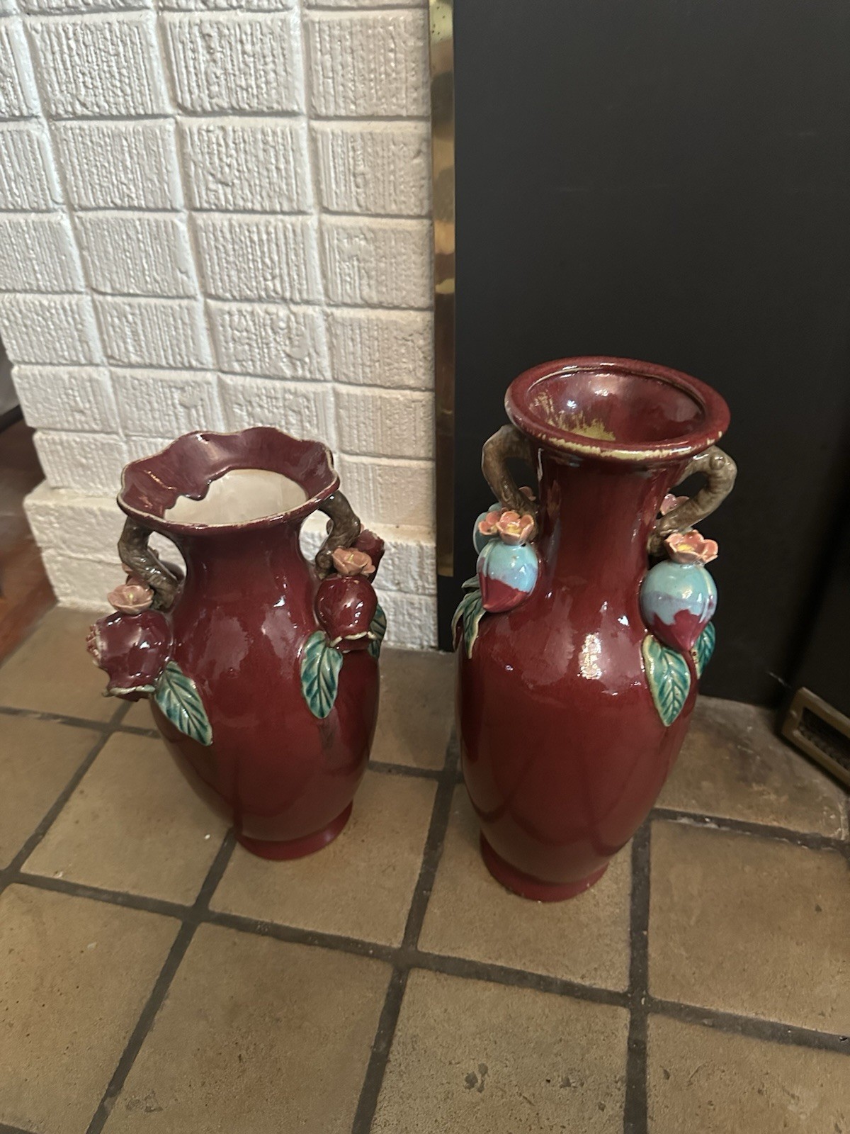 Set Of 2 Vintage Chinese Flambé Style Porcelain Vase with 3D Peaches, 15”