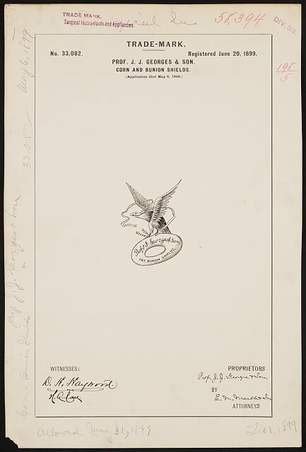 Photo:Prof J J Georges Son 1899 Trade Mark Corn Bunion Shields Trademark