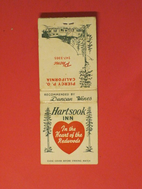 Hartsook Innl Matchbook Cover / Excellent / Garberville, CA.  / Front Striker