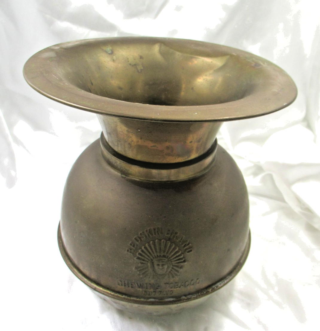 Vtg Brass Spittoon Cut Plug Cuspidor Double Sided Redskin Chewing Tobacco 10\
