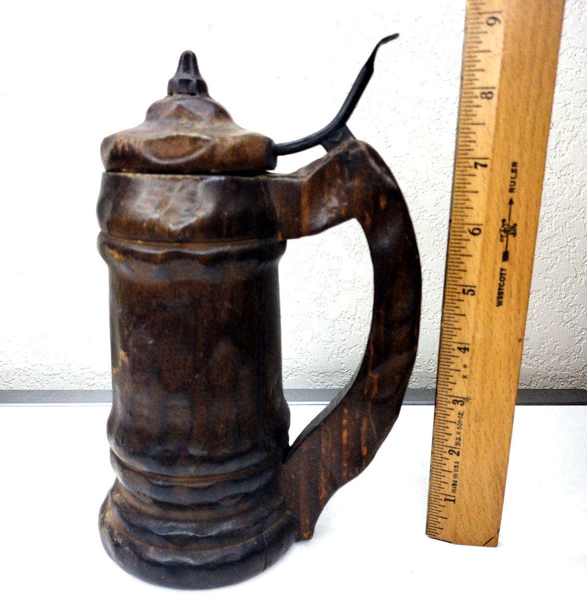Antique Wooden Stein w Lid & Handle Handcrafted Bavarian Rustic Dark Stain 9\
