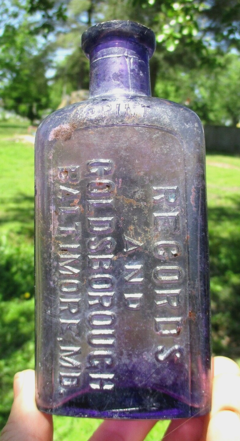NICE AMETHYST WHISKEY FLASK RECORDS & GOLDSBOROUGH BALTIMORE 1910\'S ERA DUG L@@K