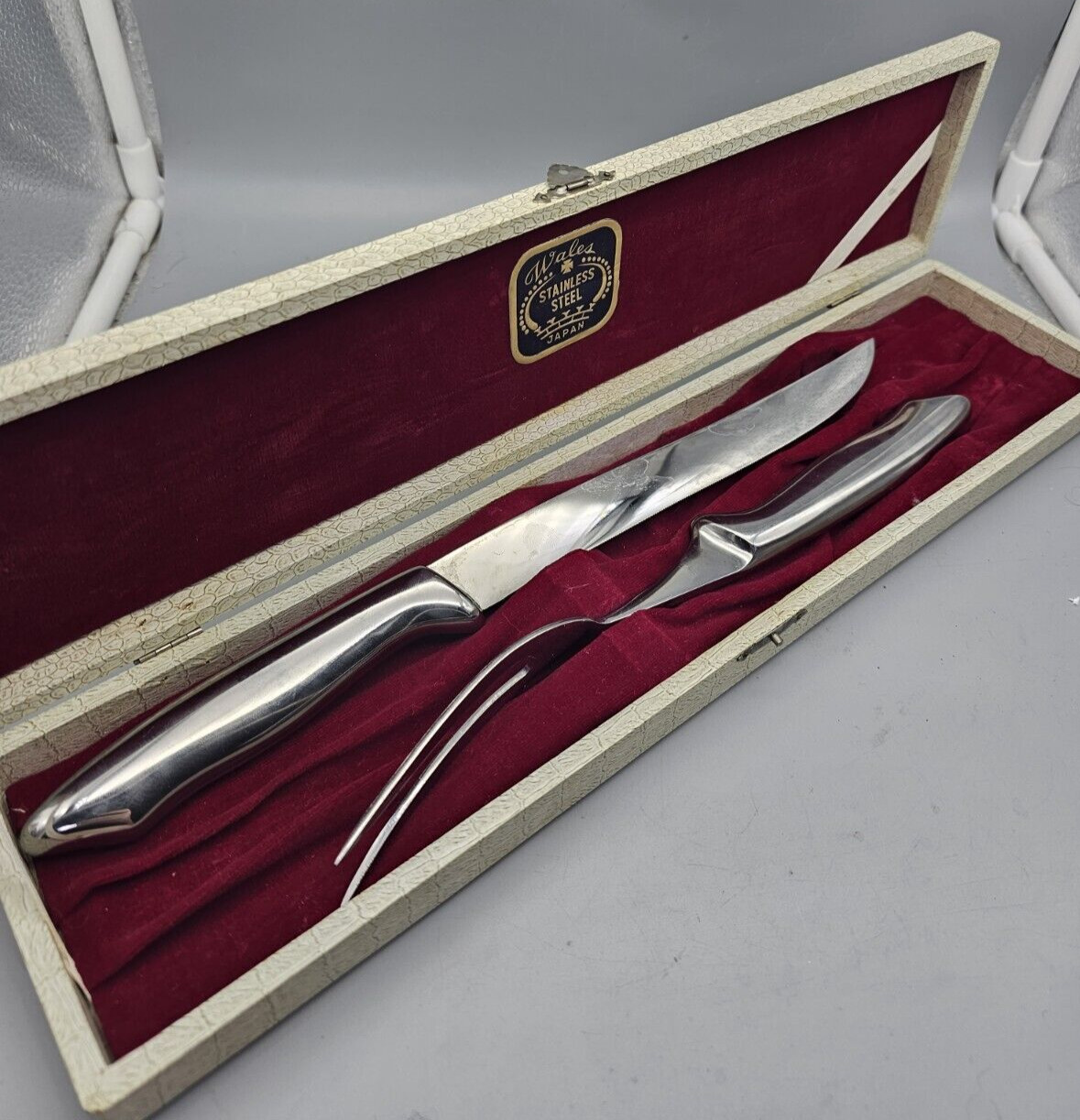 2pc Stainless Steel Carving Set and Presentation Box Japan MCM metallic Chrome