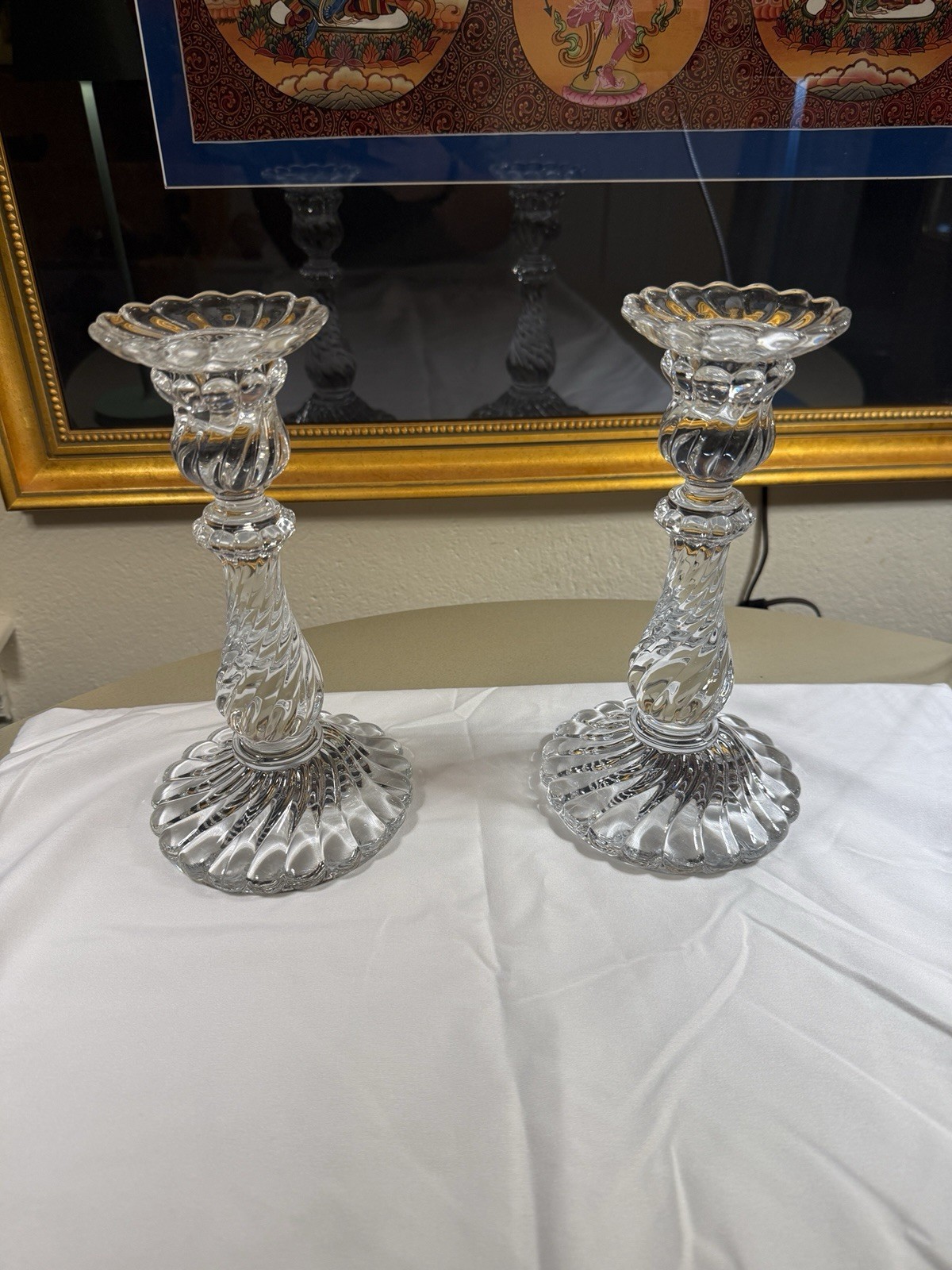Pair Of Baccarat France, 9 In.  tall Crystal Candle Holders. Signed – Elegant
