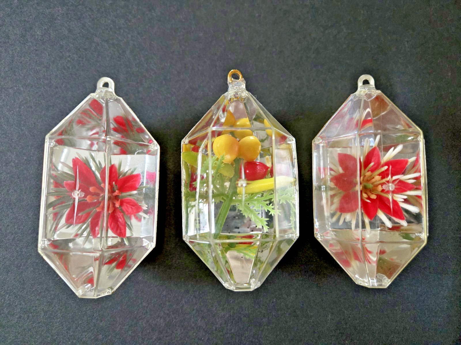 3 Vtg Jewel Brite Christmas Ornaments Plastic Diamond Diorama Flower Berry MCM