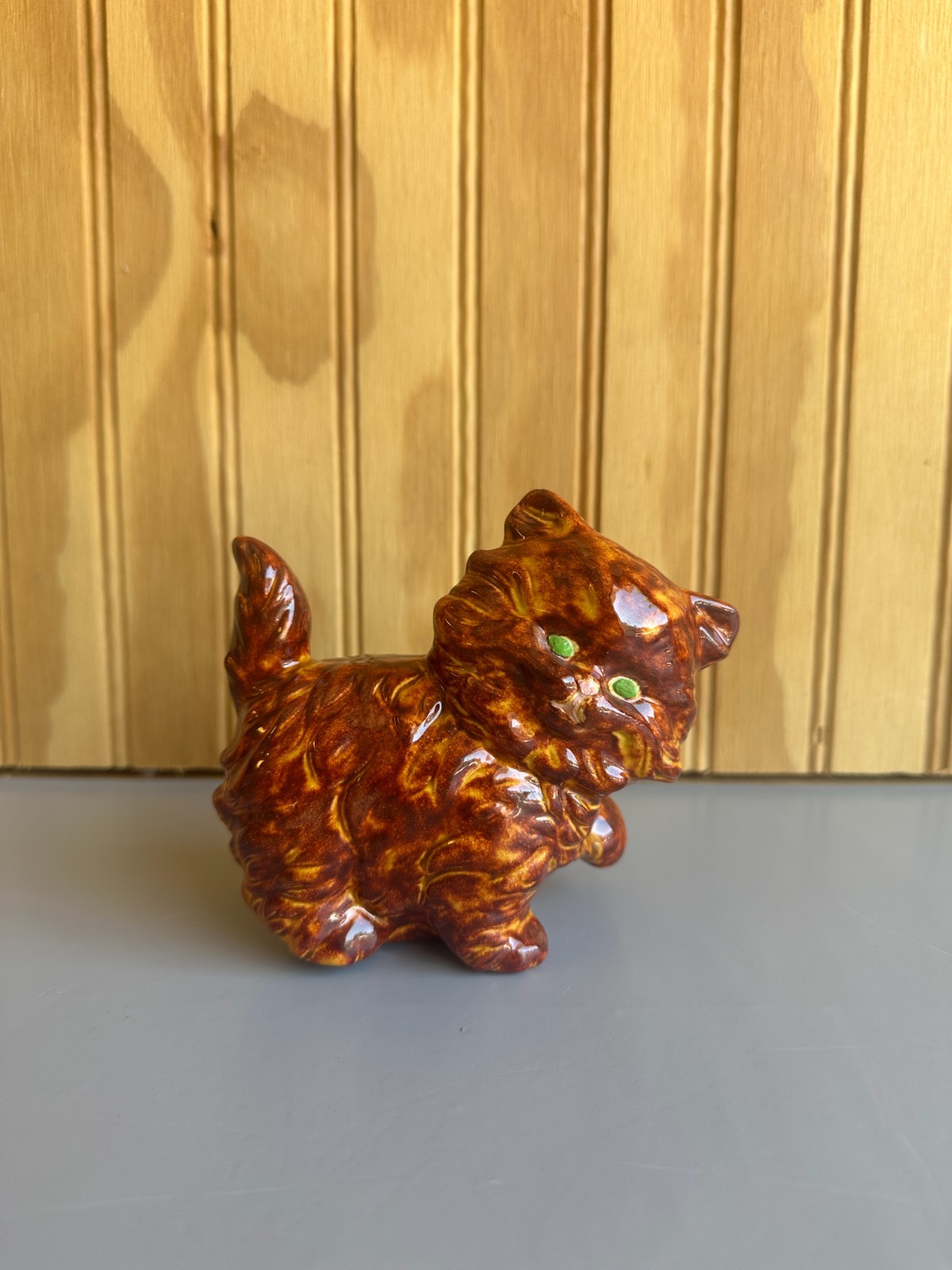 Kitten Cat Ceramic Figurine Brown with Lime Green Eyes