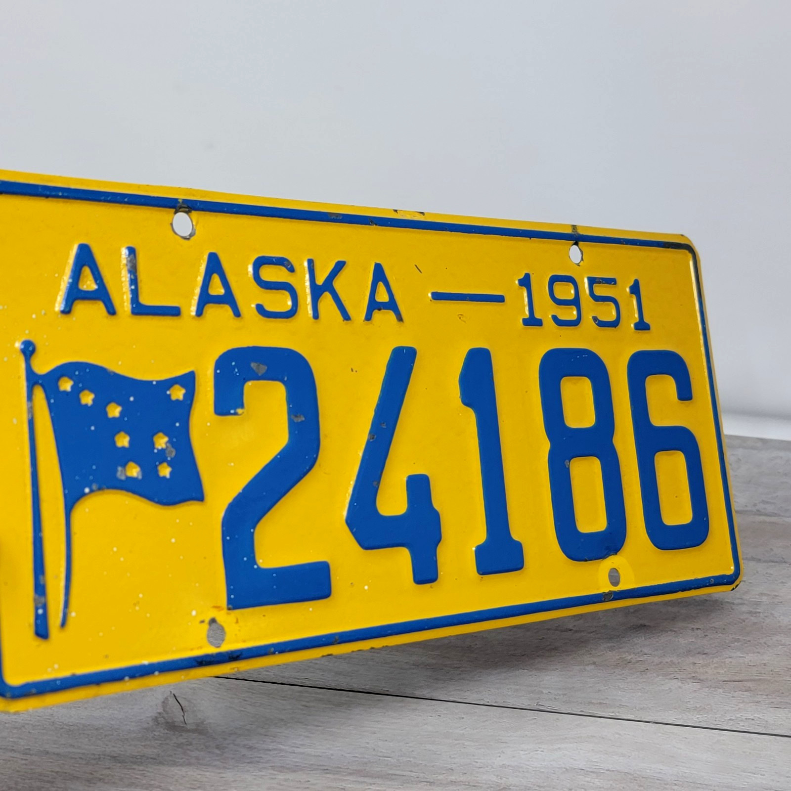 1951 Alaska License Plate Vintage Pre-Statehood North Star Blue Flag Car Tag