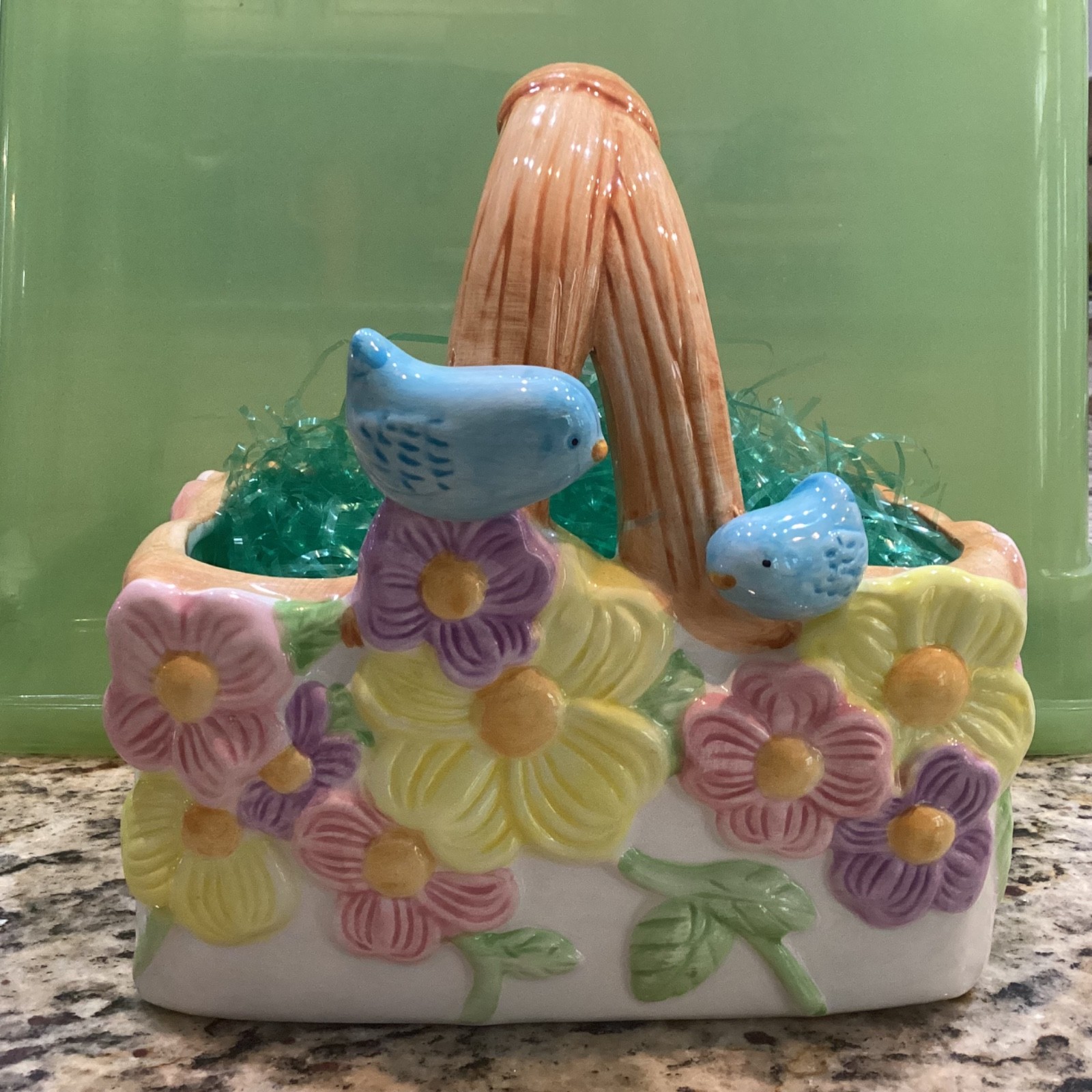 Teleflora Ceramic Spring Easter Basket  7.5” Long - Pastel Flowers & Blue Birds