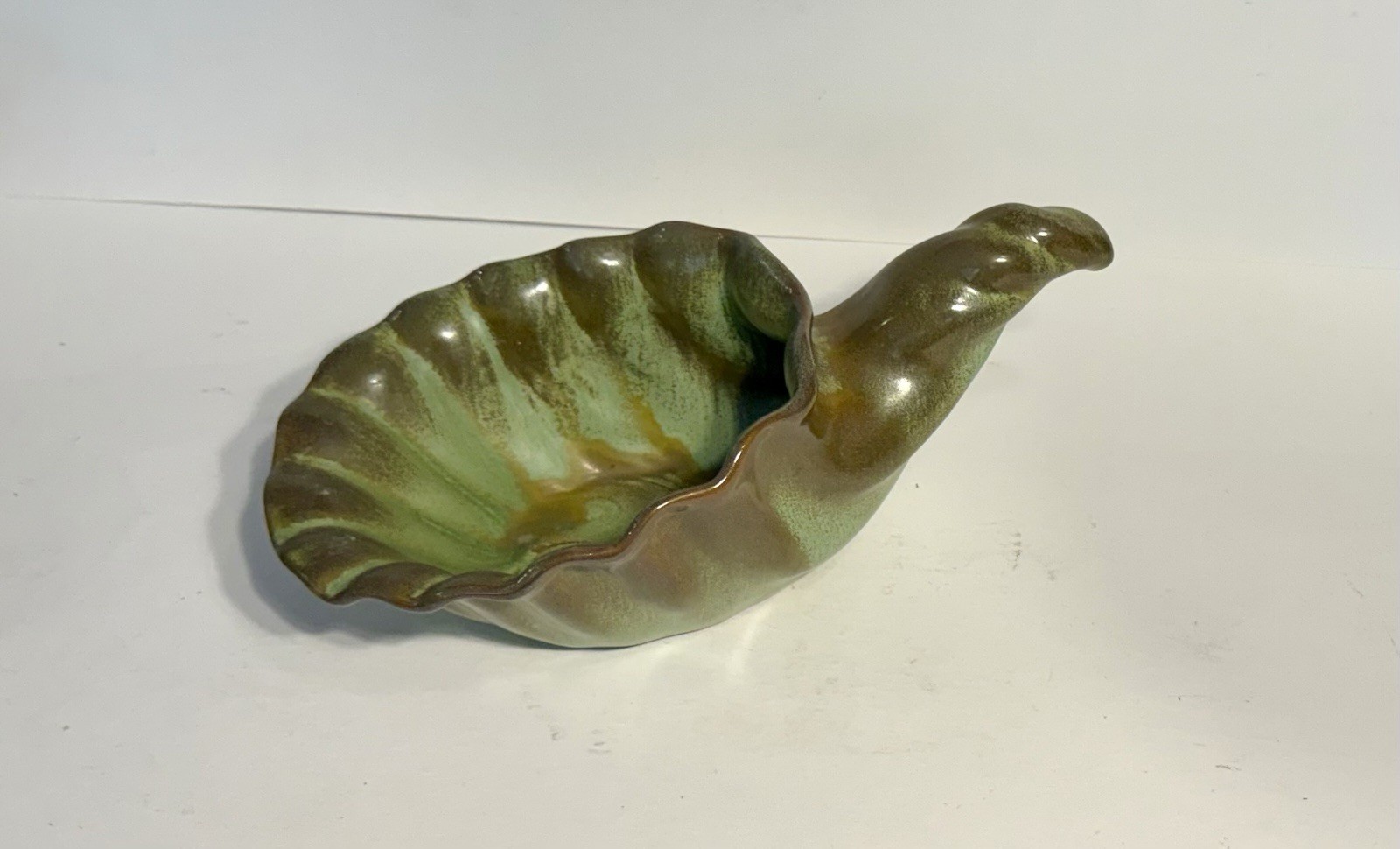 Frankoma Pottery Plainsman Green Horn of Plenty Cornucopia Bowl Dish Planter 