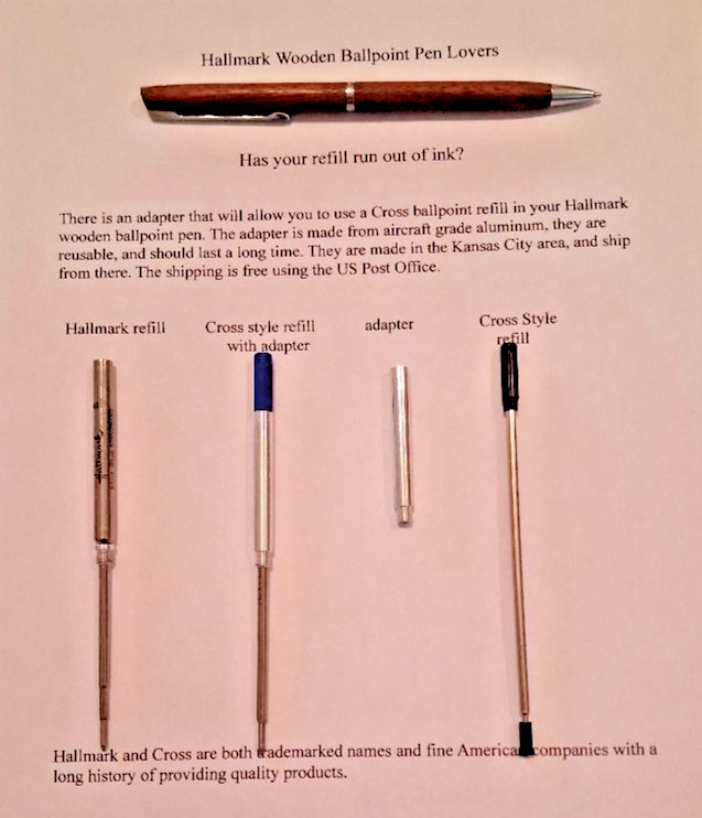 Adapter for Hallmark Wooden Ballpoint Pen to take a Cross Refill