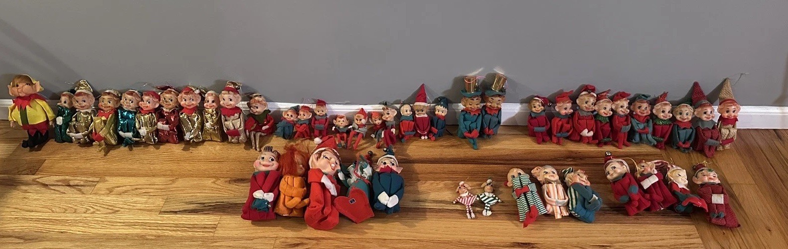 Vintage 1960s Christmas Knee Hugger Elf set of 47 Japan Ornaments 