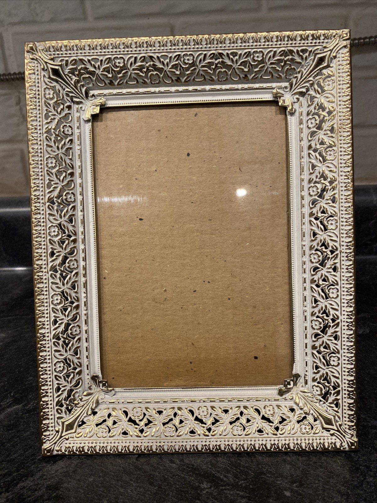 Vintage Gold & White Burnished Filigree Tabletop Picture Frame~7x9\