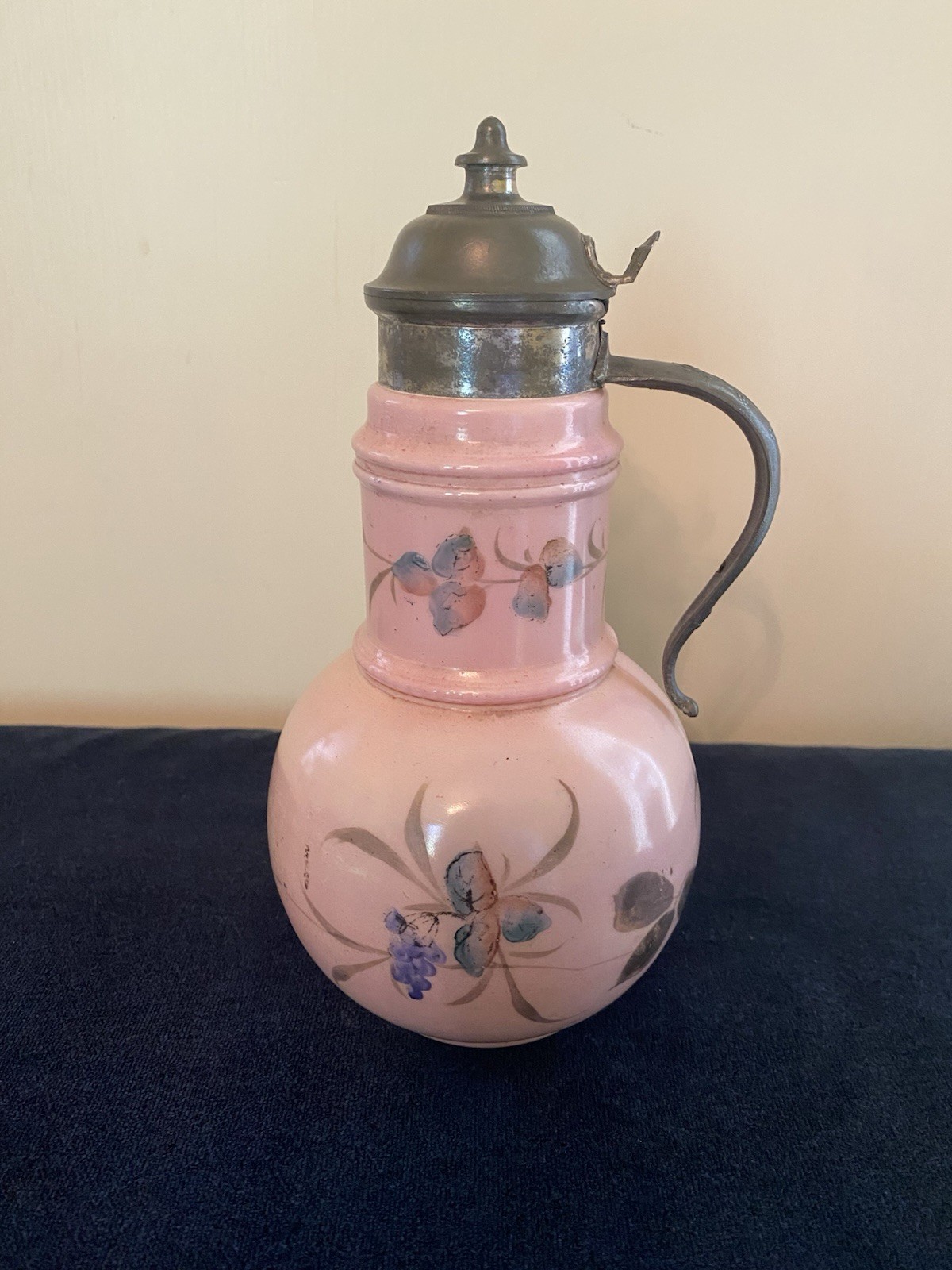Antique Pink Glass Syrup Pitcher Hand Painted with Pewter Lid and Handle