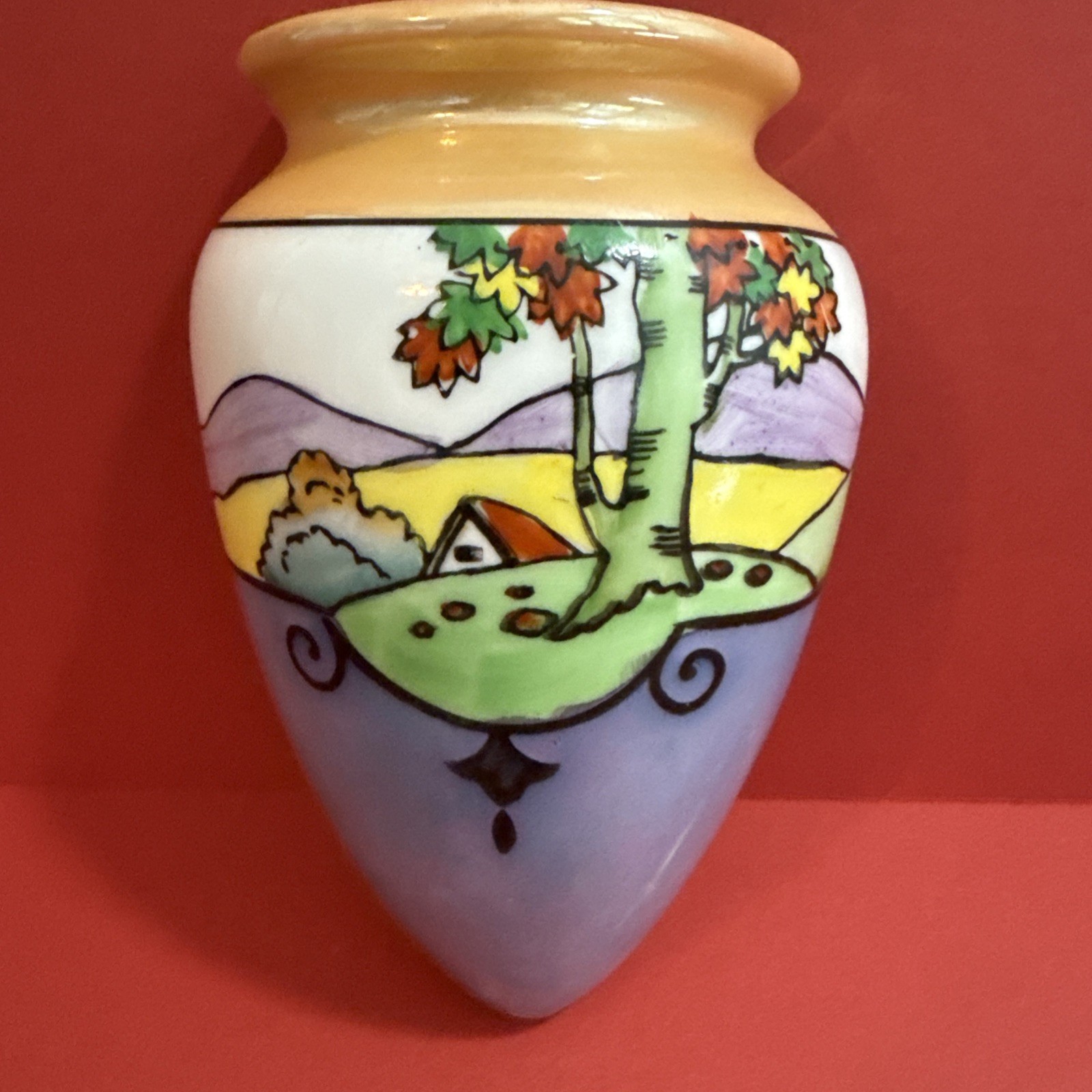 Vintage Japan Art Deco Porcelain Wall Pocket Mountains, Trees Lusterware 6.5\