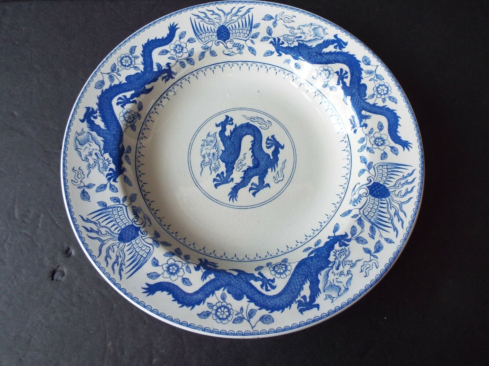 1884 MINTON BLUE & WHITE CHINESE DRAGON & BIRD SOUP PLATE BOWL